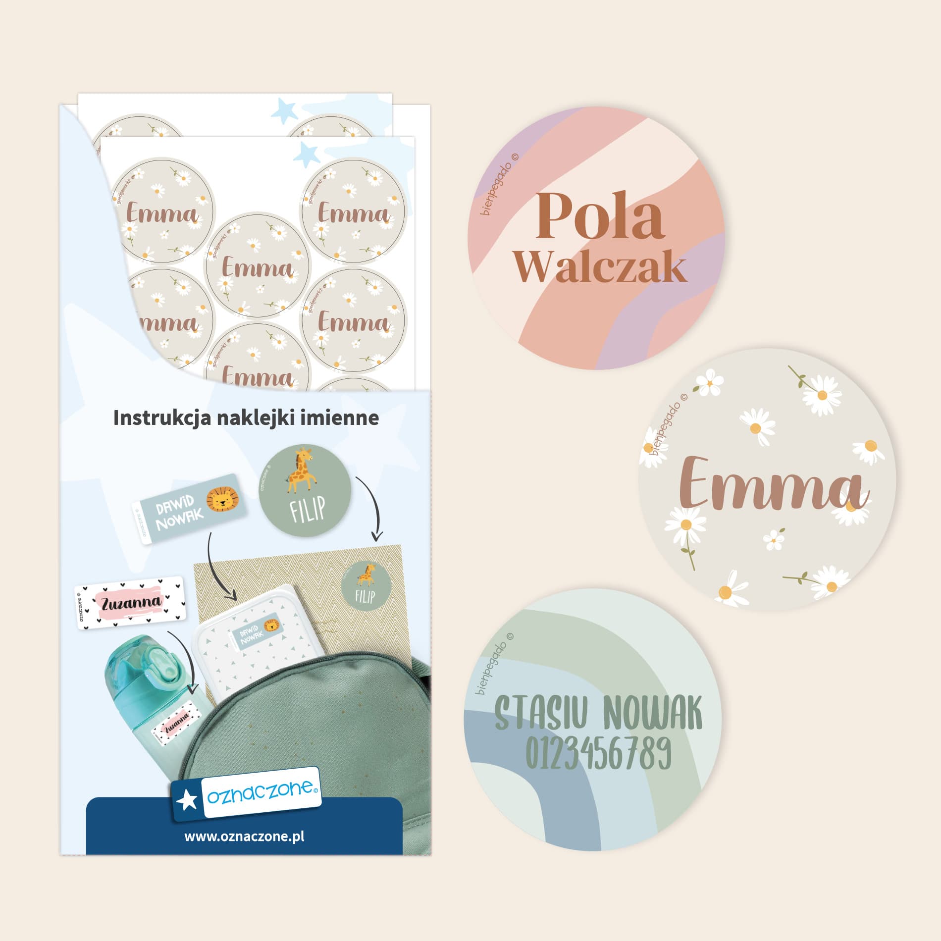 Okrągłe naklejki imienne design