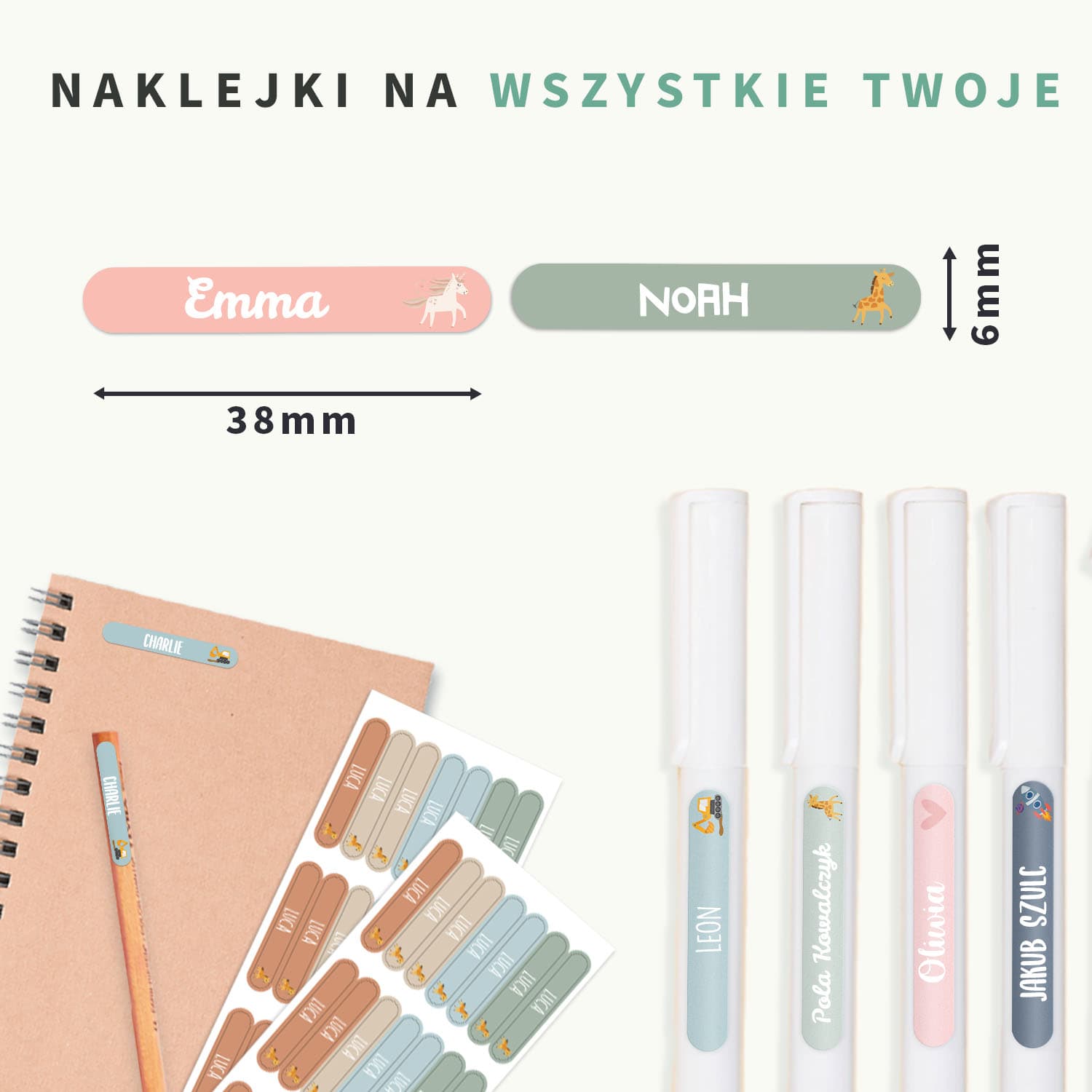 Tematyczne naklejki imienne mini