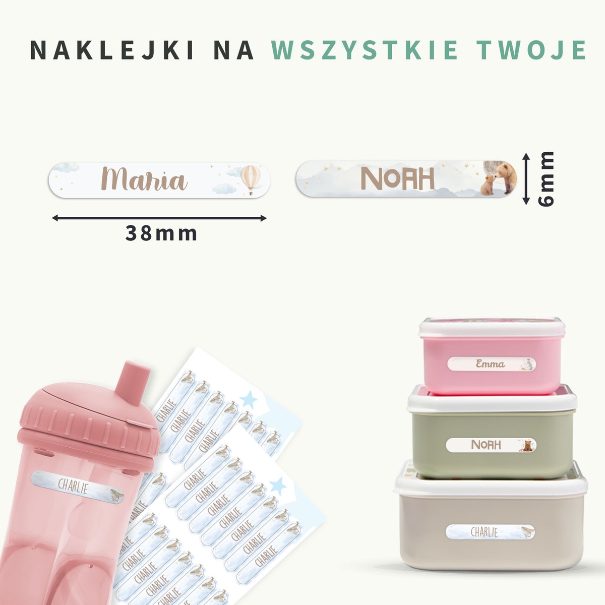 Akwarelowe mini naklejki imienne