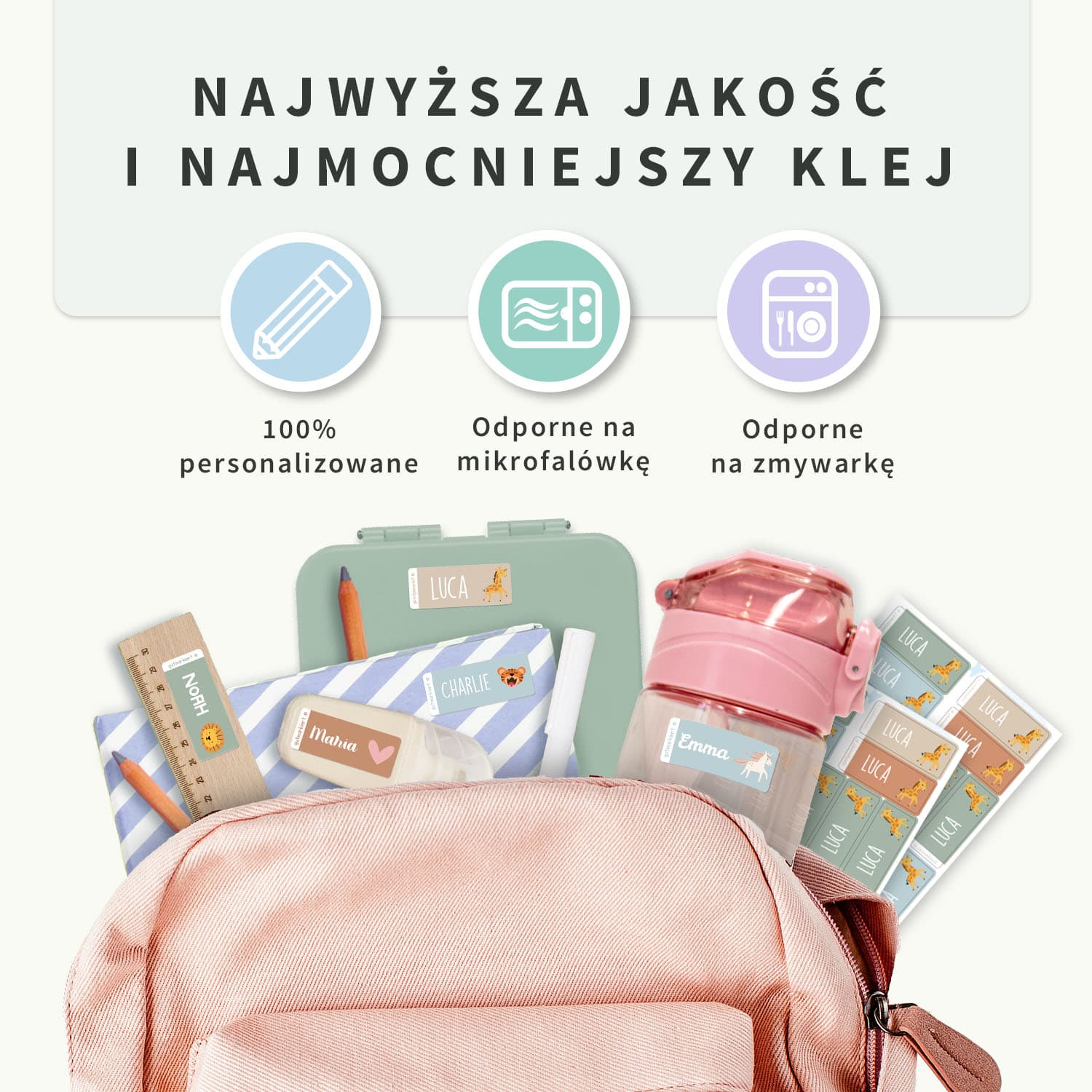 Małe tematyczne naklejki imienne