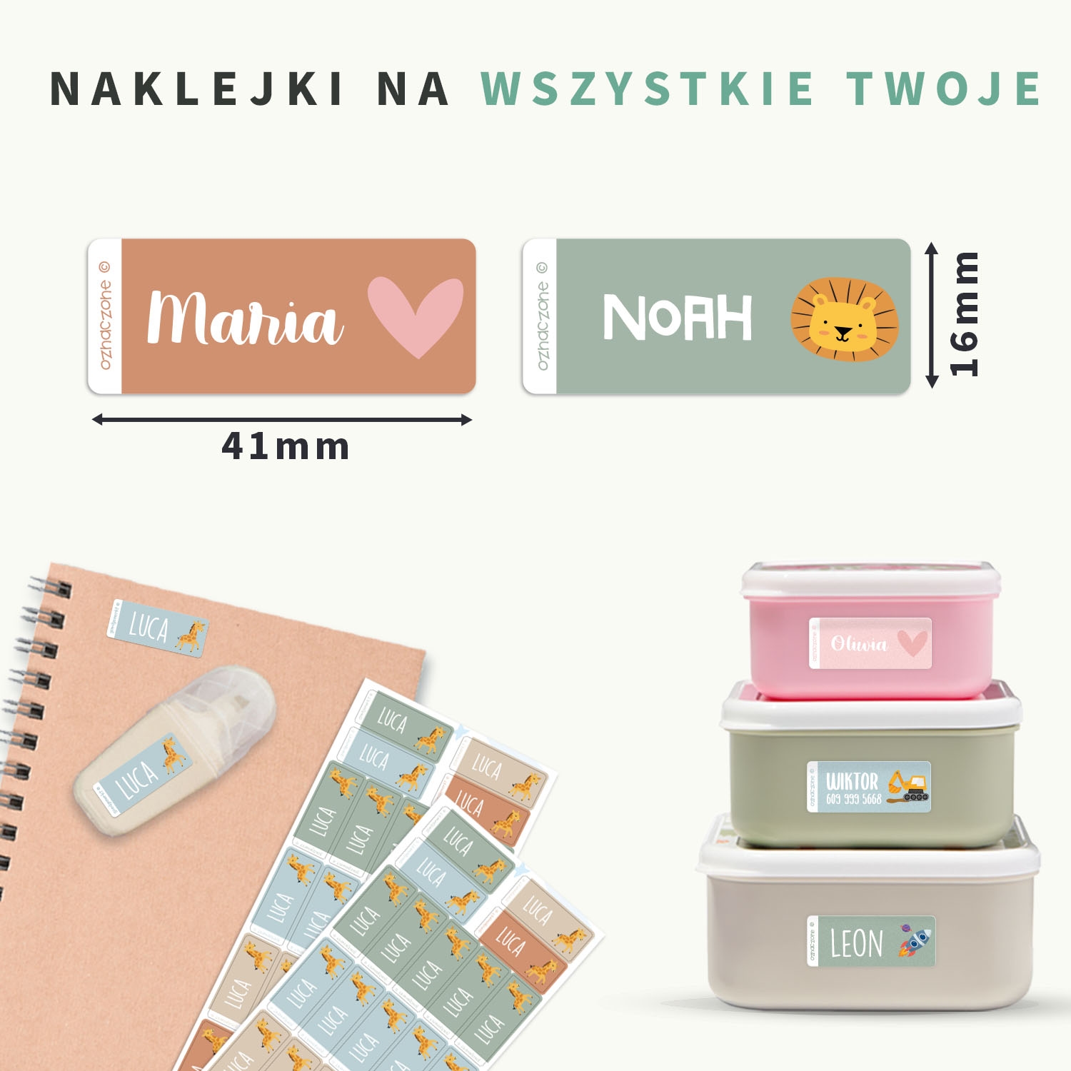 Małe tematyczne naklejki imienne