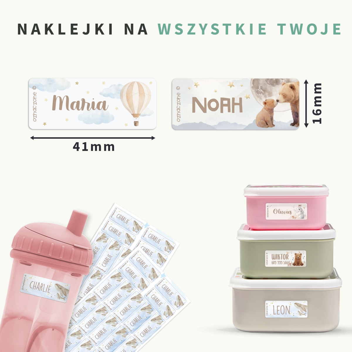 Akwarelowe małe naklejki imienne