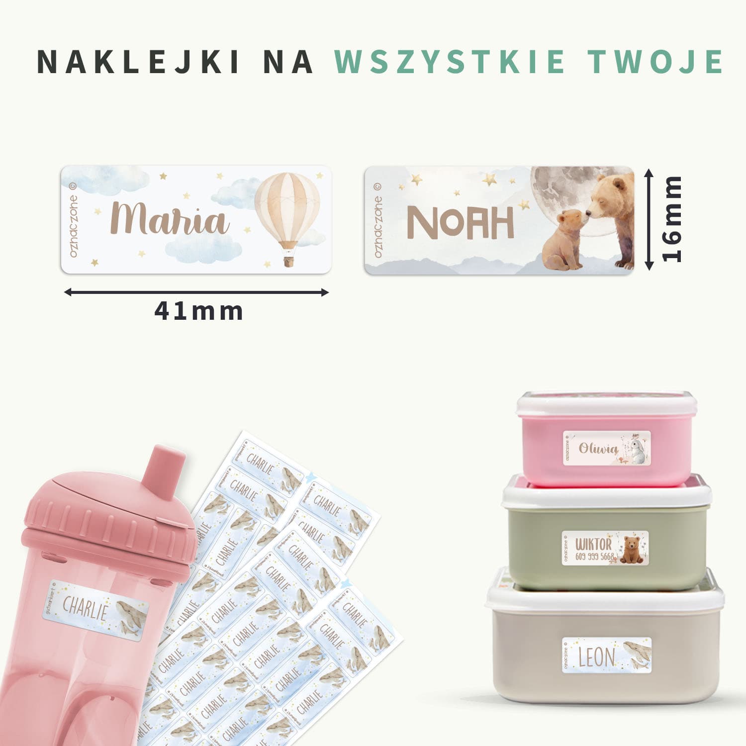 Akwarelowe małe naklejki imienne