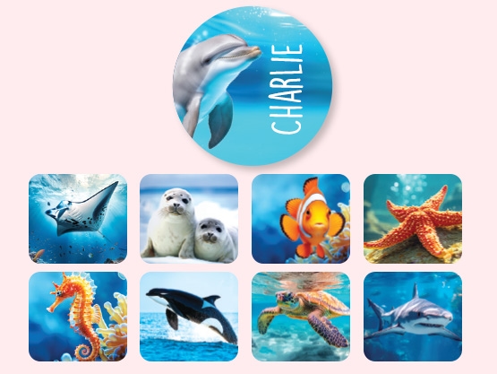 Okrągłe naklejki imienne świat