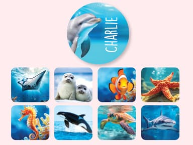 Okrągłe naklejki imienne świat