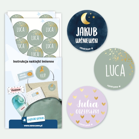 Okrągłe naklejki imienne ze złotym wzorem