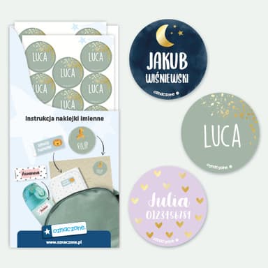 Okrągłe naklejki imienne ze złotym wzorem