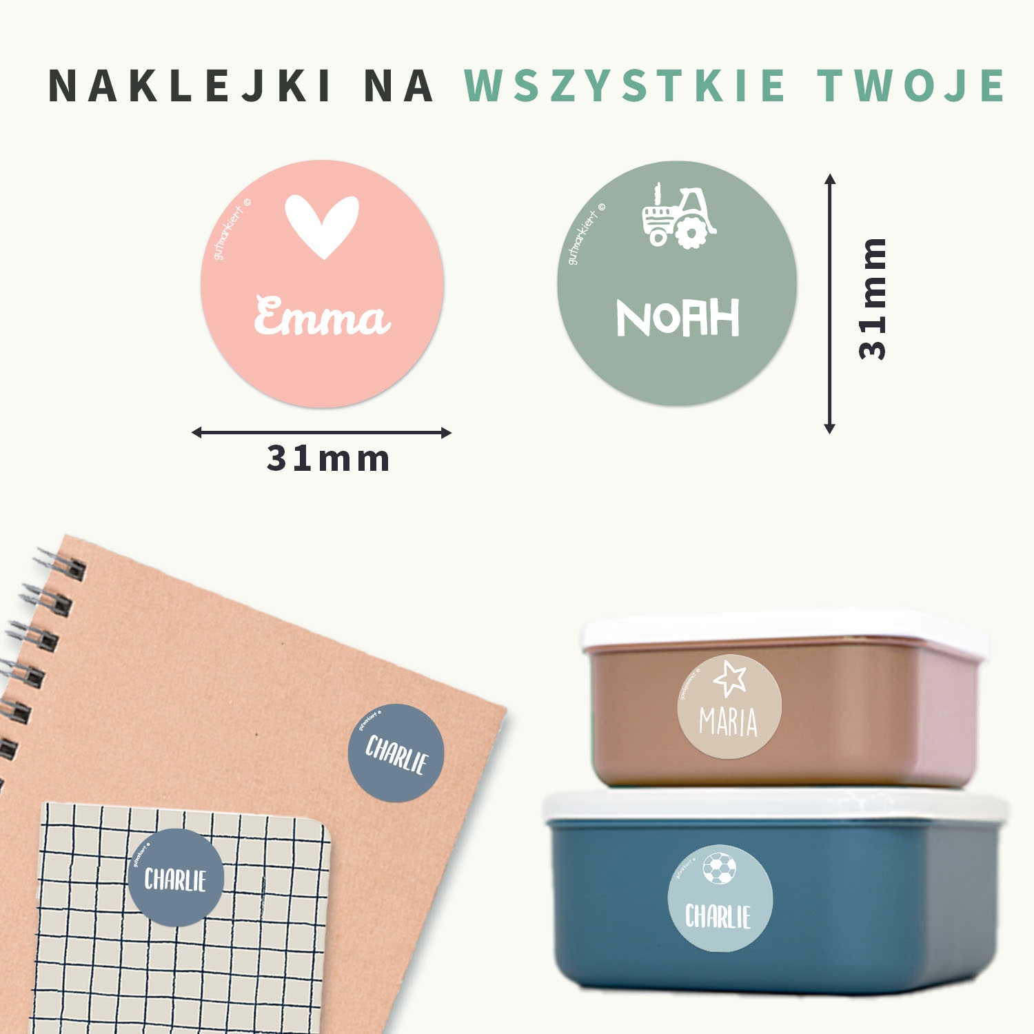 Okrągłe naklejki imienne