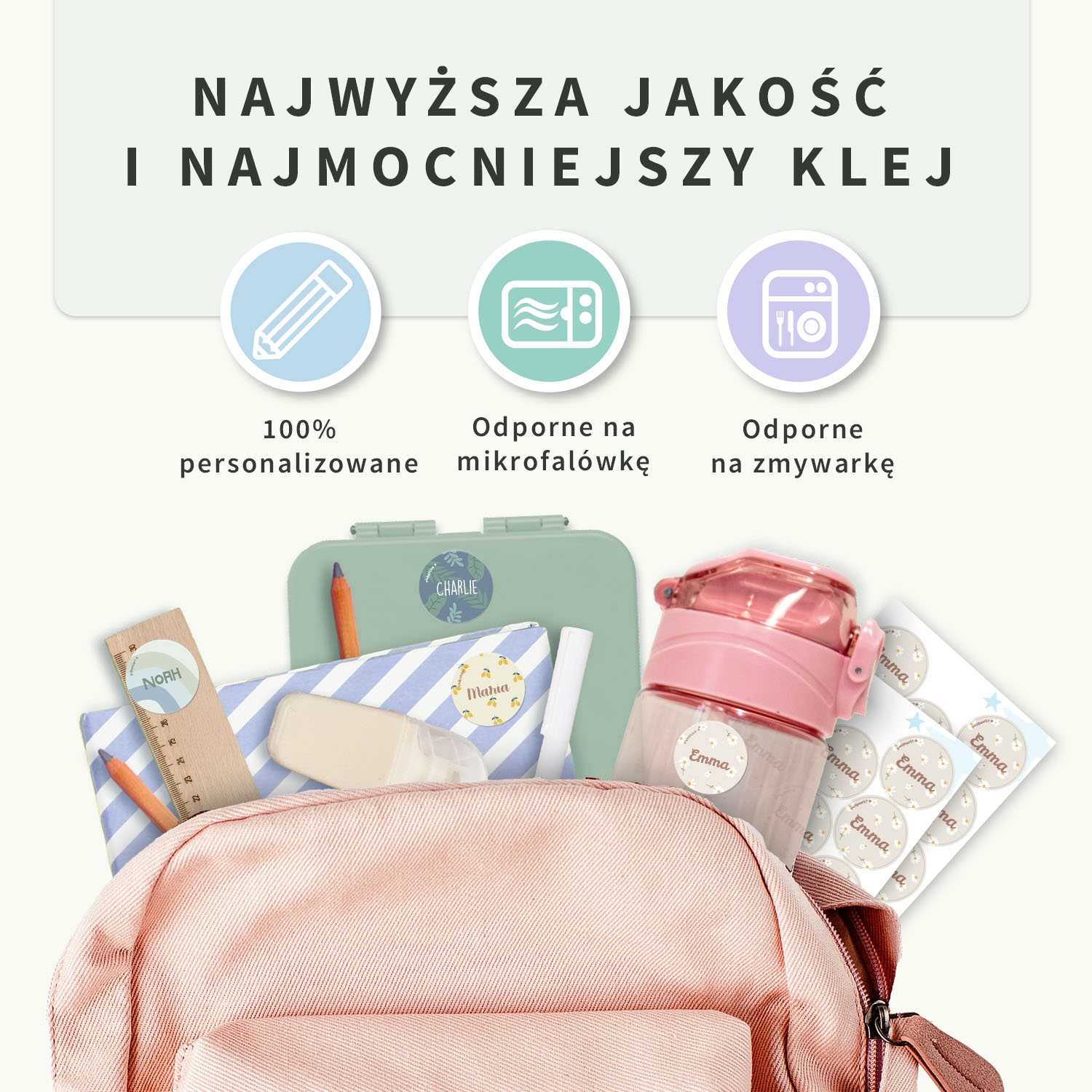 Okrągłe naklejki imienne design
