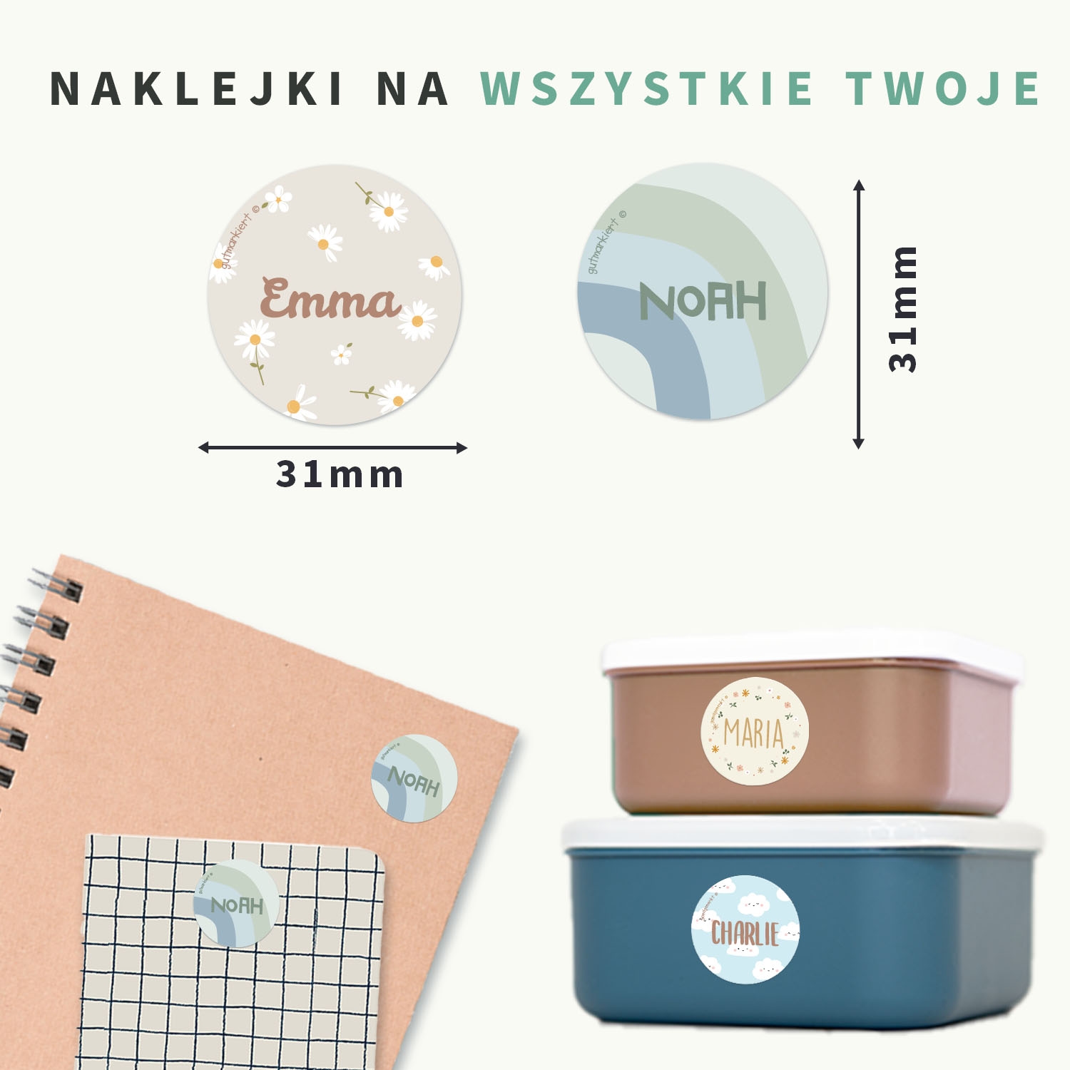 Okrągłe naklejki imienne design