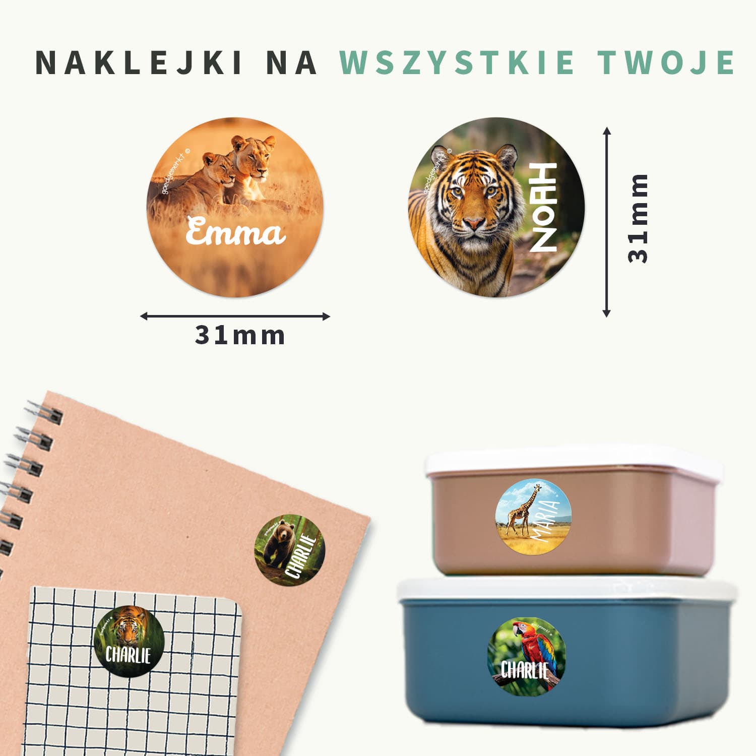 Okrągłe naklejki imienne świat