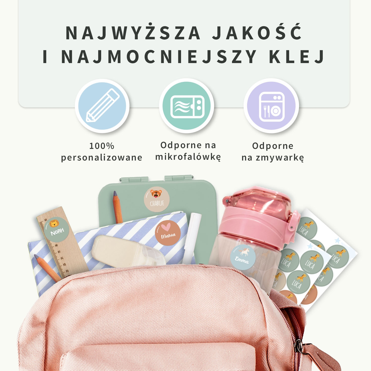 Okrągłe tematyczne naklejki imienne