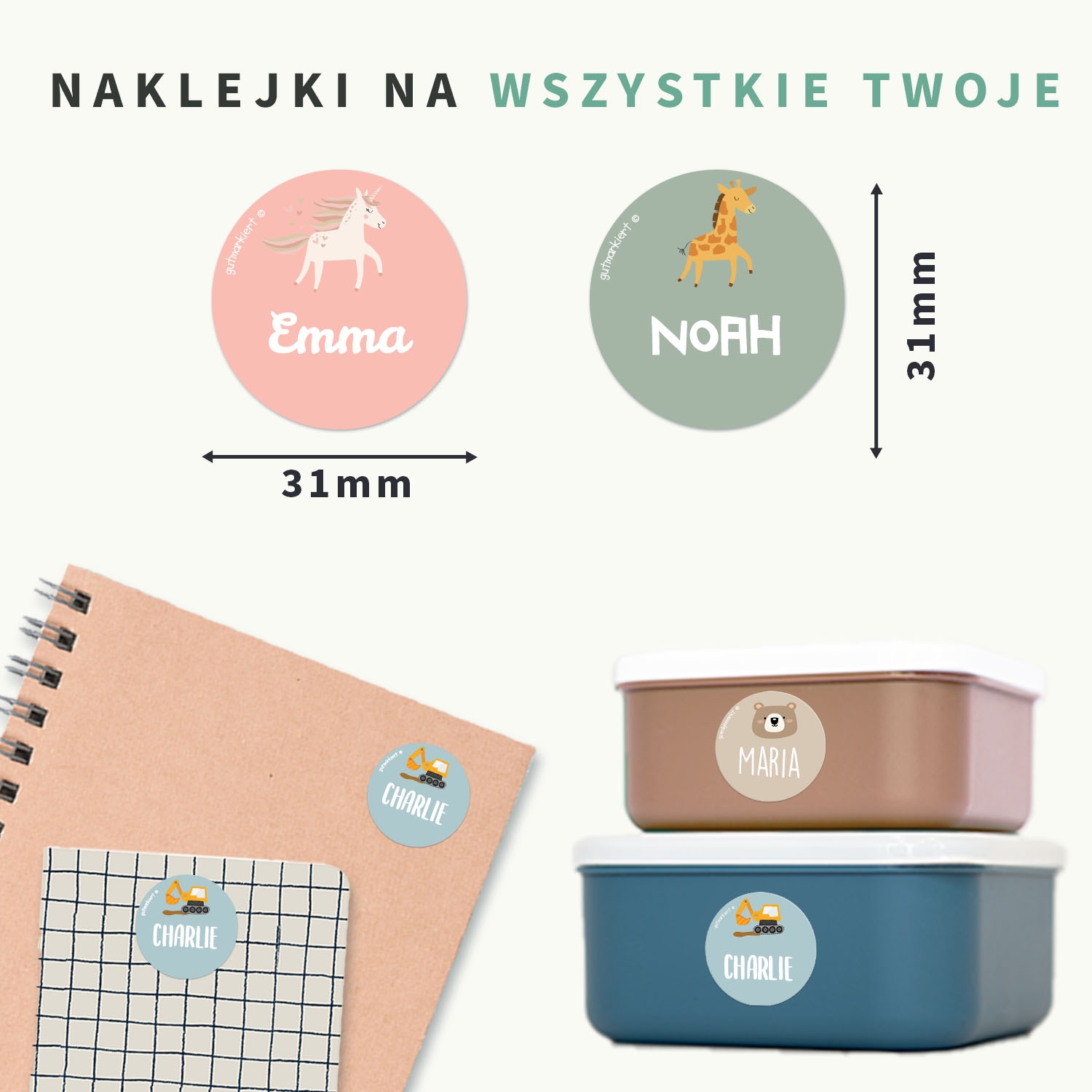 Okrągłe tematyczne naklejki imienne
