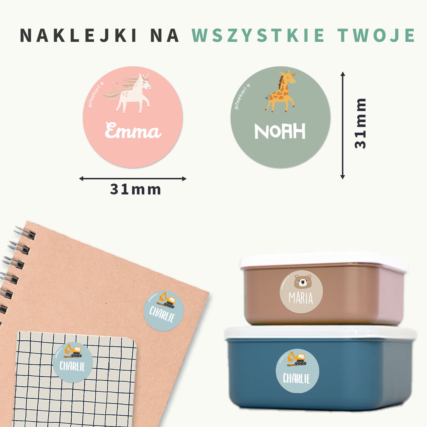 Okrągłe tematyczne naklejki imienne