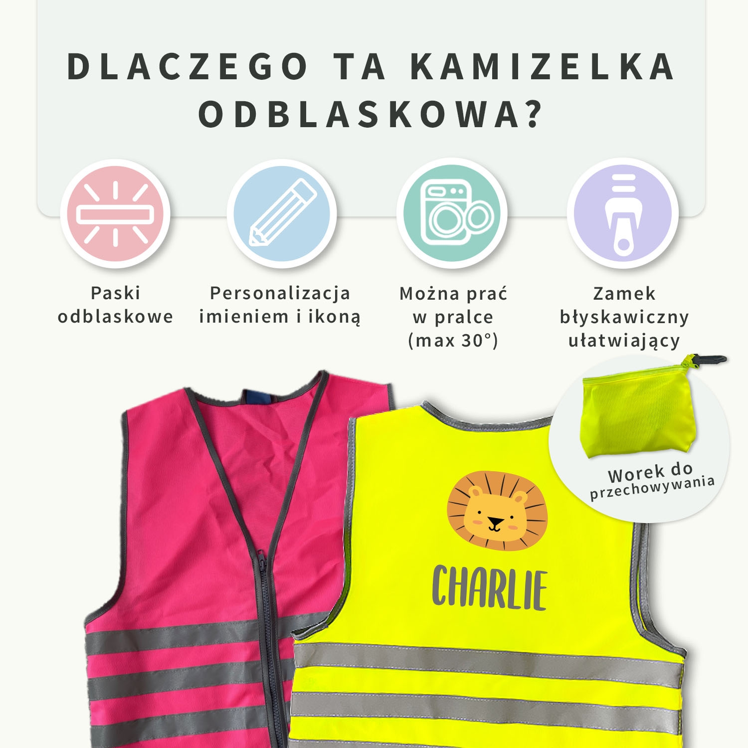 Odblaskowa kamizelka dla dziecka z imieniem- tematyczna
