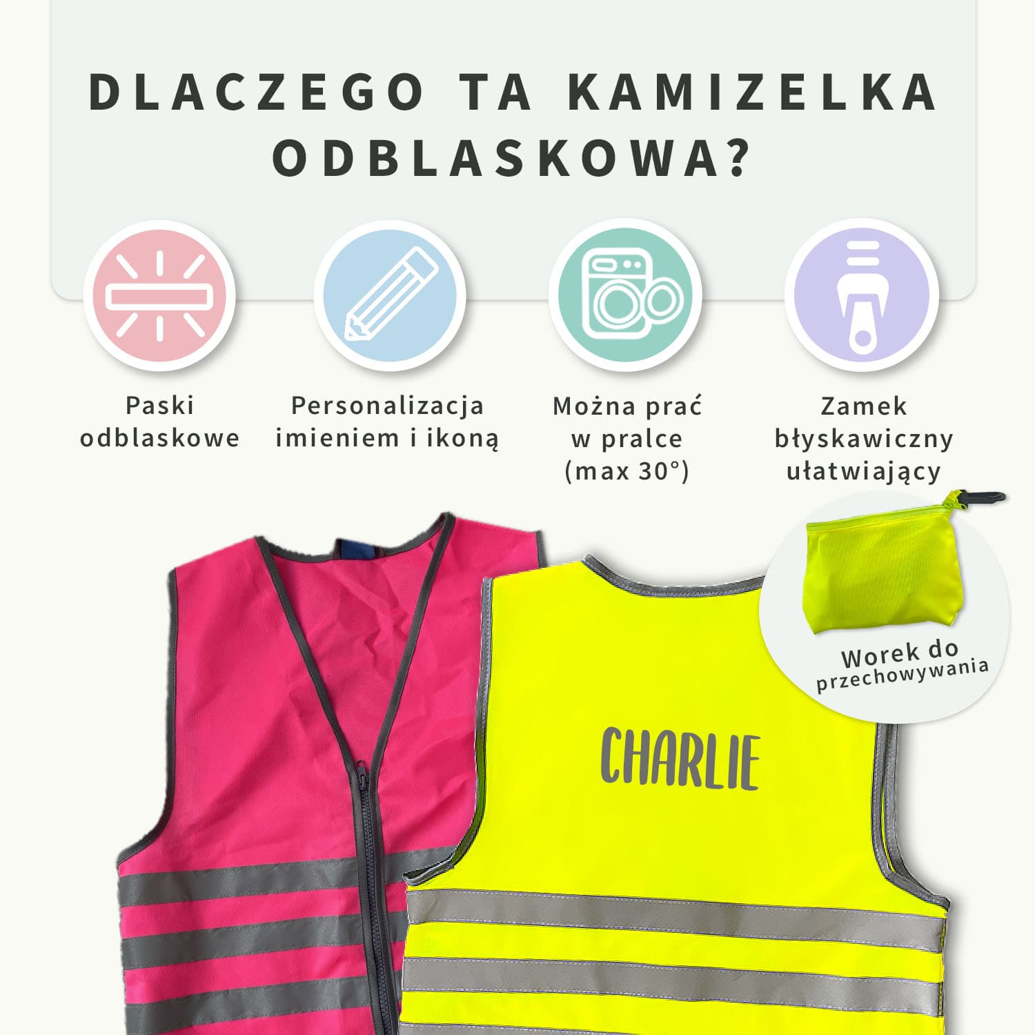 Odblaskowa kamizelka dla dzieci z imieniem - standardowa