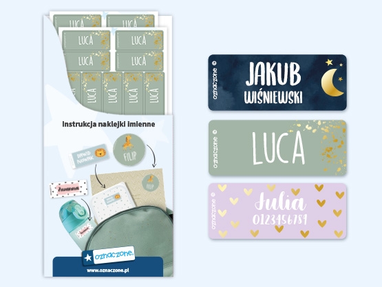 Małe naklejki imienne ze złotym wzorem